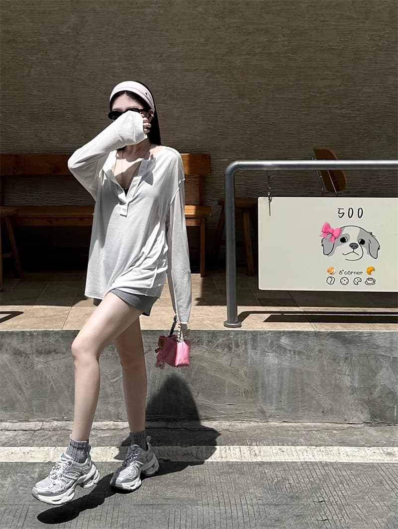 실사 얼음 실크 자외선 차단 긴팔 블라우스 티셔츠 여성 루즈핏 슬림해 보이는 느긋한 바람 스택 착용 맨위 상세 이미지 4
