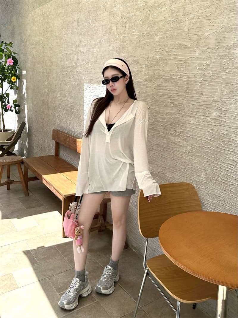 실사 얼음 실크 자외선 차단 긴팔 블라우스 티셔츠 여성 루즈핏 슬림해 보이는 느긋한 바람 스택 착용 맨위 상세 이미지 5