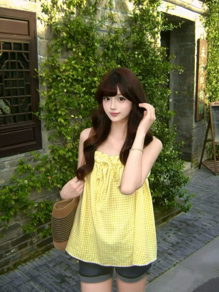 실사 한 부서 도파민 배색 체크무늬 캐미솔 펌프 Pleat 레이스업 몸매 가꾸기 슬림해 보이는 맨위