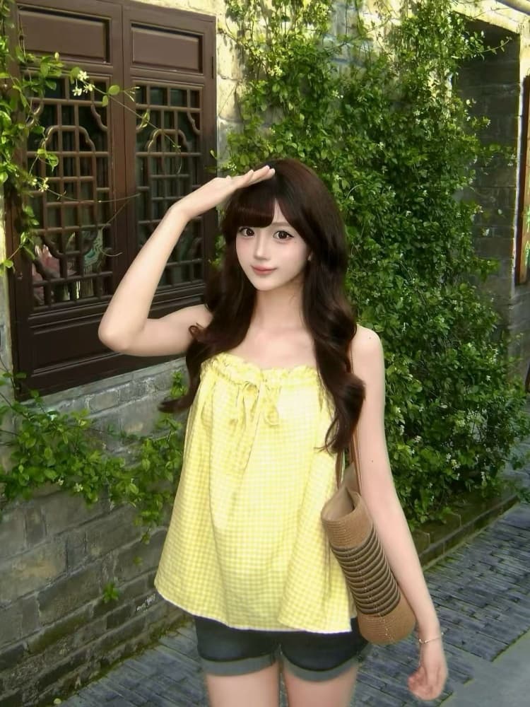 실사 한 부서 도파민 배색 체크무늬 캐미솔 펌프 Pleat 레이스업 몸매 가꾸기 슬림해 보이는 맨위 상세 이미지 2