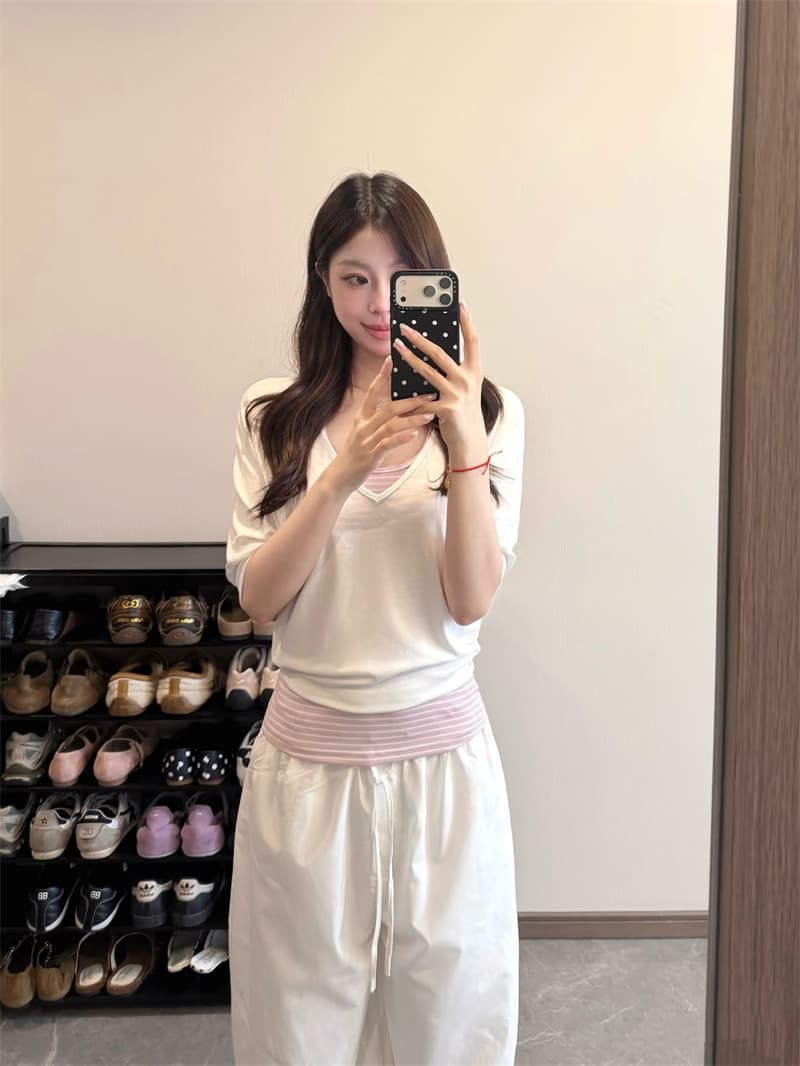 실사 스택 착용 투피스 세트 V넥 중간 소매 티셔츠 여성 레저 느긋한 자이언트 잘 생긴 자외선 차단 블라우스 맨위 상세 이미지 3
