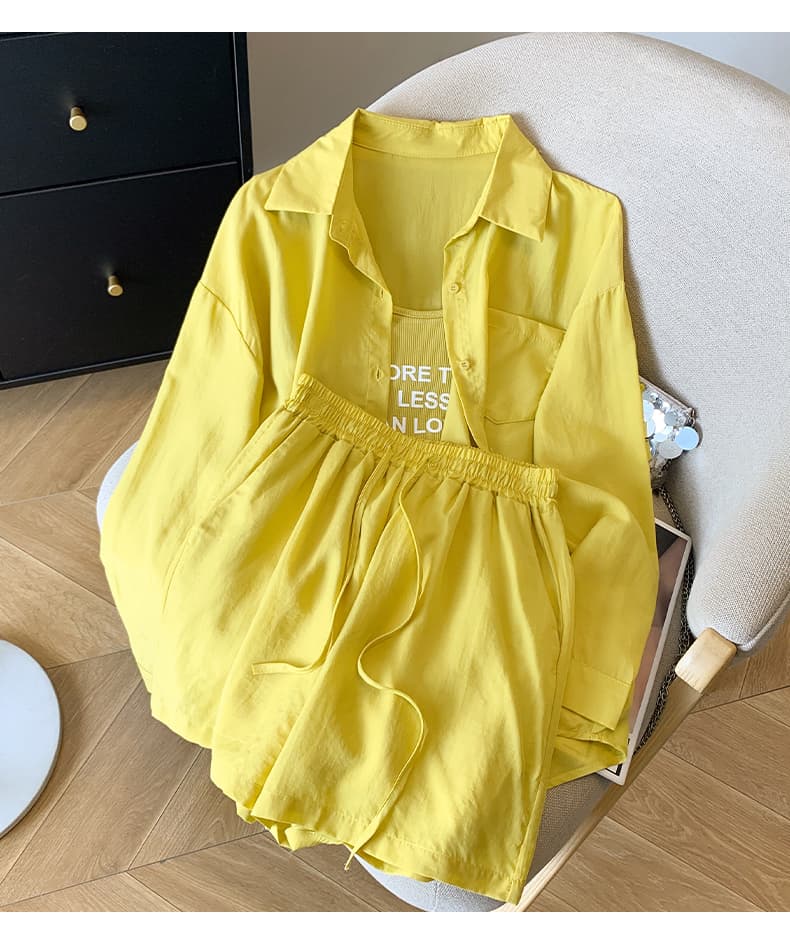 실사 새로운 한국 스타일 루즈핏 출퇴근 세 조각 세트 긴팔 자외선 차단 셔츠 알파벳 조끼 반바지 출퇴근 여성 상세 이미지 17