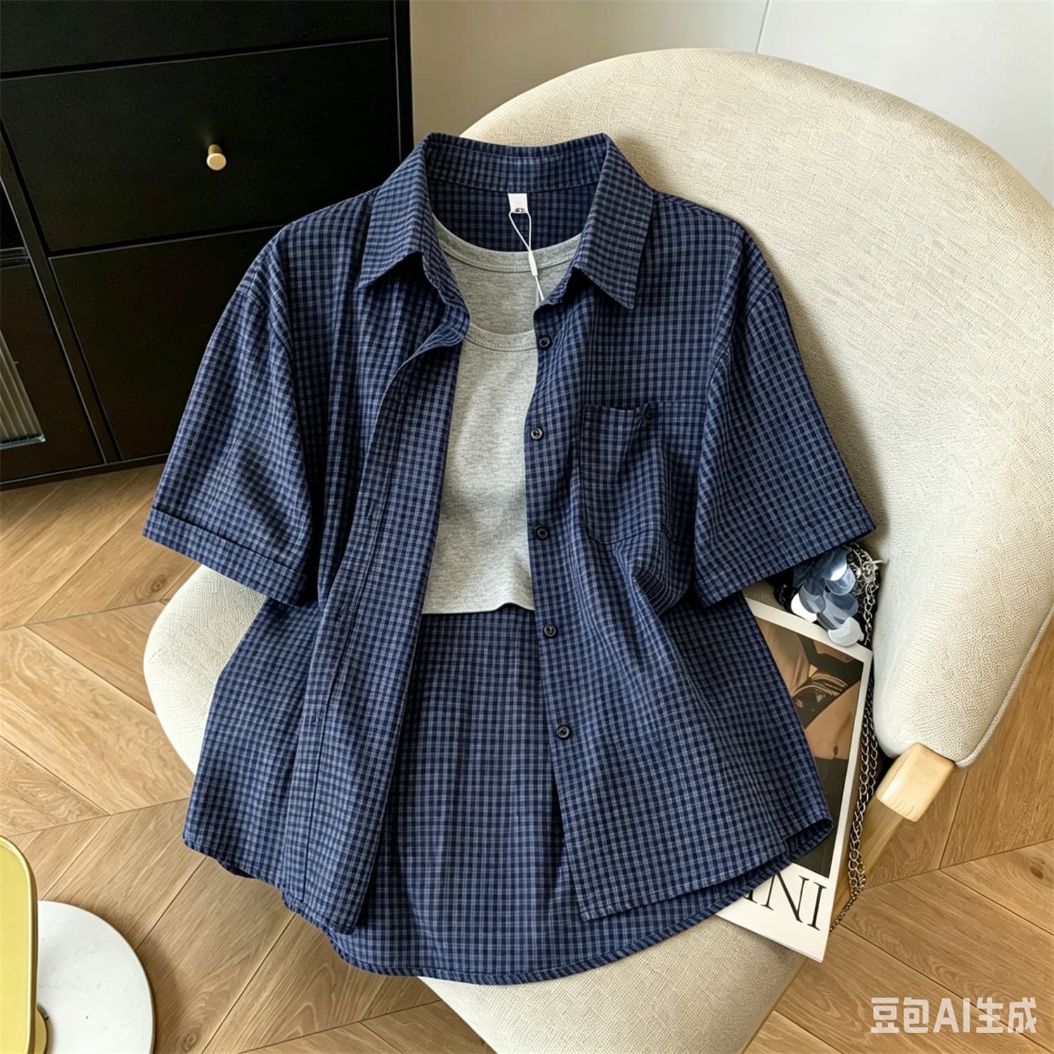 실사 한 부서 레트로 체크무늬 반팔 셔츠 미니 스커트 세트 꽃밭 치마 반팔 재킷 조끼 세 조각 여성 세트 상세 이미지 5