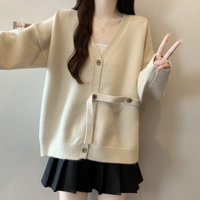 실사 빅 사이즈 여성 의류 마이크로 지방 고급 센스 불규칙 부서 버클 허리 수축 느긋한 바람 슬림해 보이는 니트 카디건 코트 상세 이미지 4