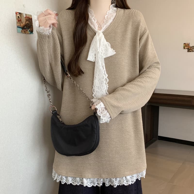 실사 빅 사이즈 여성 의류 마이크로 지방 느긋한 바람 루즈핏 패치워크 레이스 V넥 슬림해 보이는 표지 고기 긴팔 니트 맨위 상세 이미지 14