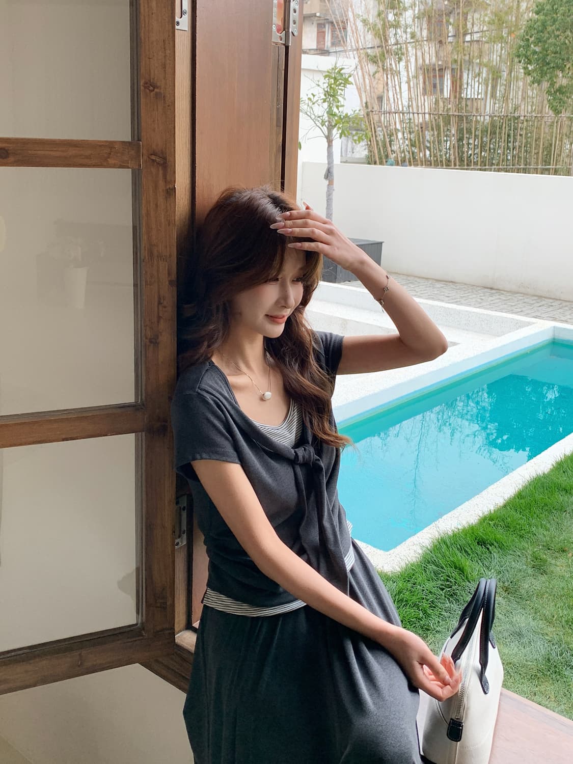 실사 한 부서 느슨함 센스 세트 여름 리본 페이크 레이어드 반팔 맨위 불규칙 큰 진자 반신 스커트 상세 이미지 6