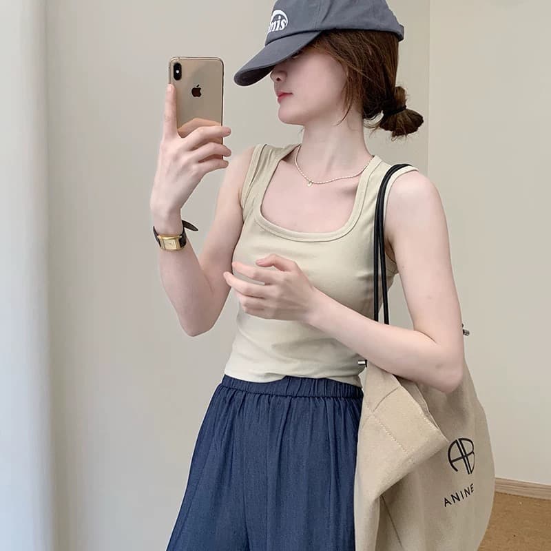 신년 빨간색 광장 칼라 캐미솔 여름 인사이드 가져 가라. 슬림해 보이는 표지 대리인 우유 민소매 쇼트 스타일 맨위 핫걸 외출용 상세 이미지 4