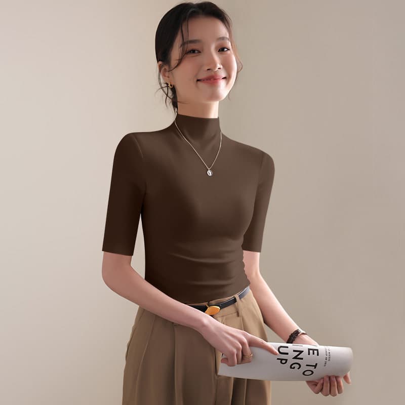 검정색 모달 반하이넥 중간 소매 티셔츠 여성 새로운 외국 가스 몸매 가꾸기 5 점 소매 만나는 동정 얇은 스타일 맨위 이미지 3