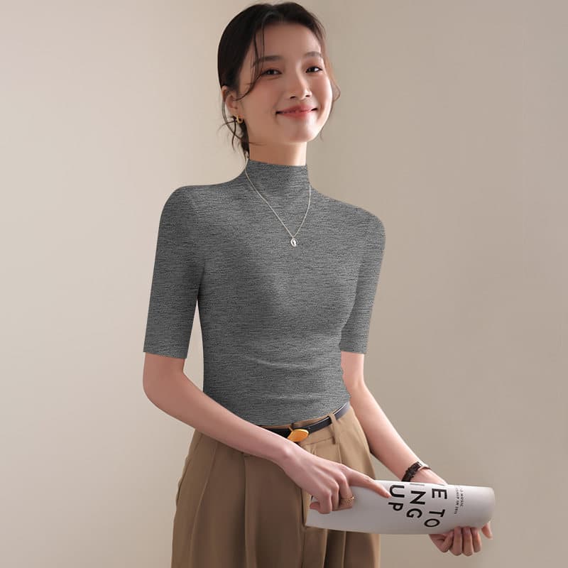 검정색 모달 반하이넥 중간 소매 티셔츠 여성 새로운 외국 가스 몸매 가꾸기 5 점 소매 만나는 동정 얇은 스타일 맨위 상세 이미지 2