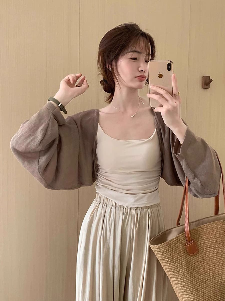 경기 슬립 외부 가져 가라. 화이트 얼음 실크 자외선 차단 작은 어깨 여성 오픈 가디건 여름 아마 블라우스 니트 숄 짧은 외투 이미지 2