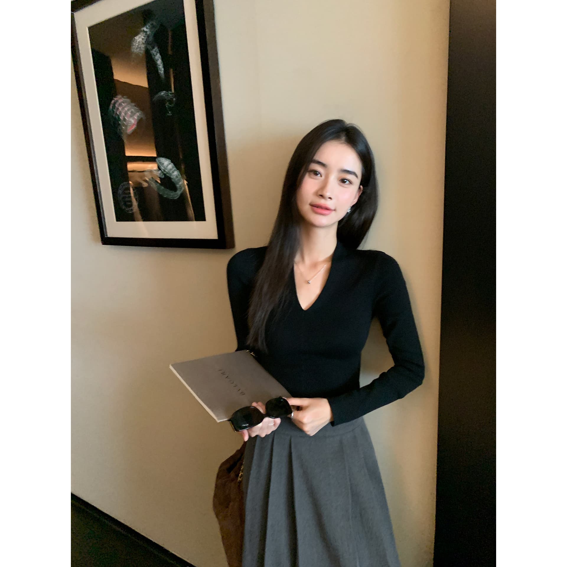 pusumede 독백 일기 V넥 긴팔 니트 스웨터 여성 슬림해 보이는 몸매 가꾸기 인사이드 가져 가라. 만나는 맨위 상세 이미지 2