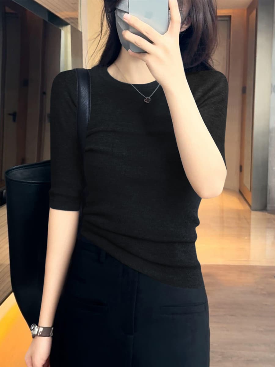 새로운 외국 가스 미니멀리즘 라운드 넥 풀오버 맨위 여성 의류 패션 몸매 가꾸기 5 점 소매 품격 다용도 니트 기본 셔츠 이미지 2