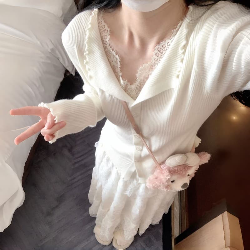 회색 V넥 레이스 측면 몸매 가꾸기 니트 스웨터 스웨터 여자 2026 봄 드레스 새로운 착용 가져 가라. 인사이드 가져 가라. 만나는 맨위 이미지 4