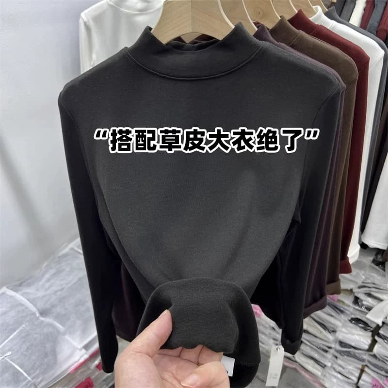 가을 겨울철 새로운 하프 높음 라운드 넥 플러스 얇은 플러시 긴팔 티셔츠 여성 외국 가스 단색 몸매 가꾸기 인사이드 가져 가라. 기본 셔츠 맨위 이미지 2