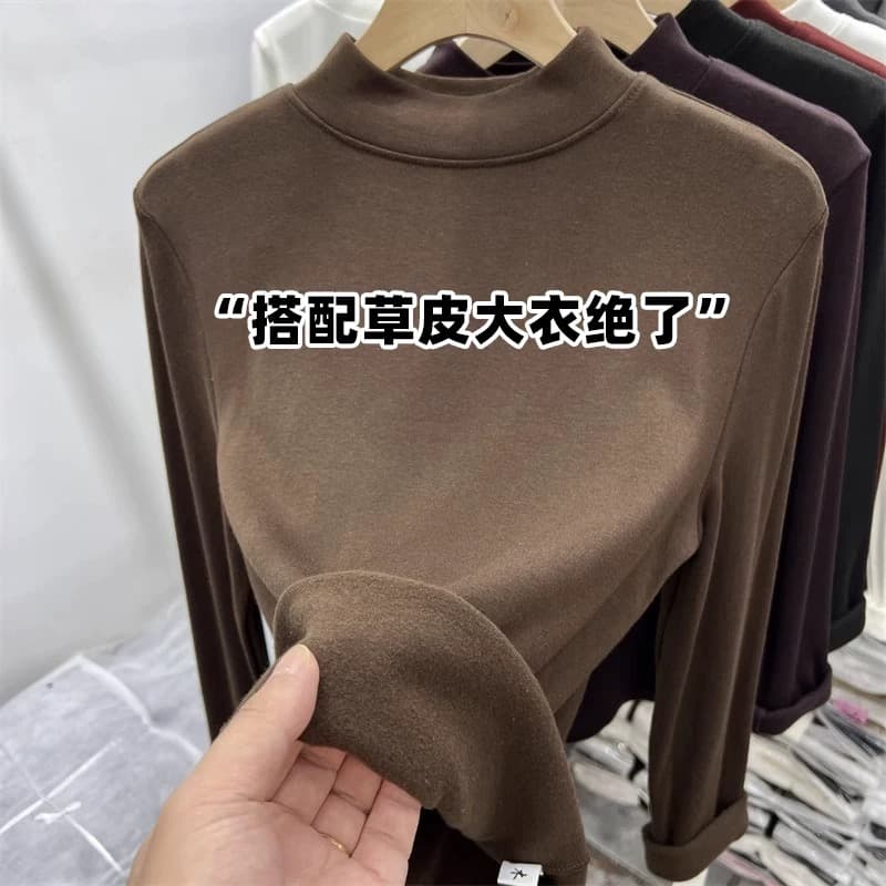 가을 겨울철 새로운 하프 높음 라운드 넥 플러스 얇은 플러시 긴팔 티셔츠 여성 외국 가스 단색 몸매 가꾸기 인사이드 가져 가라. 기본 셔츠 맨위
