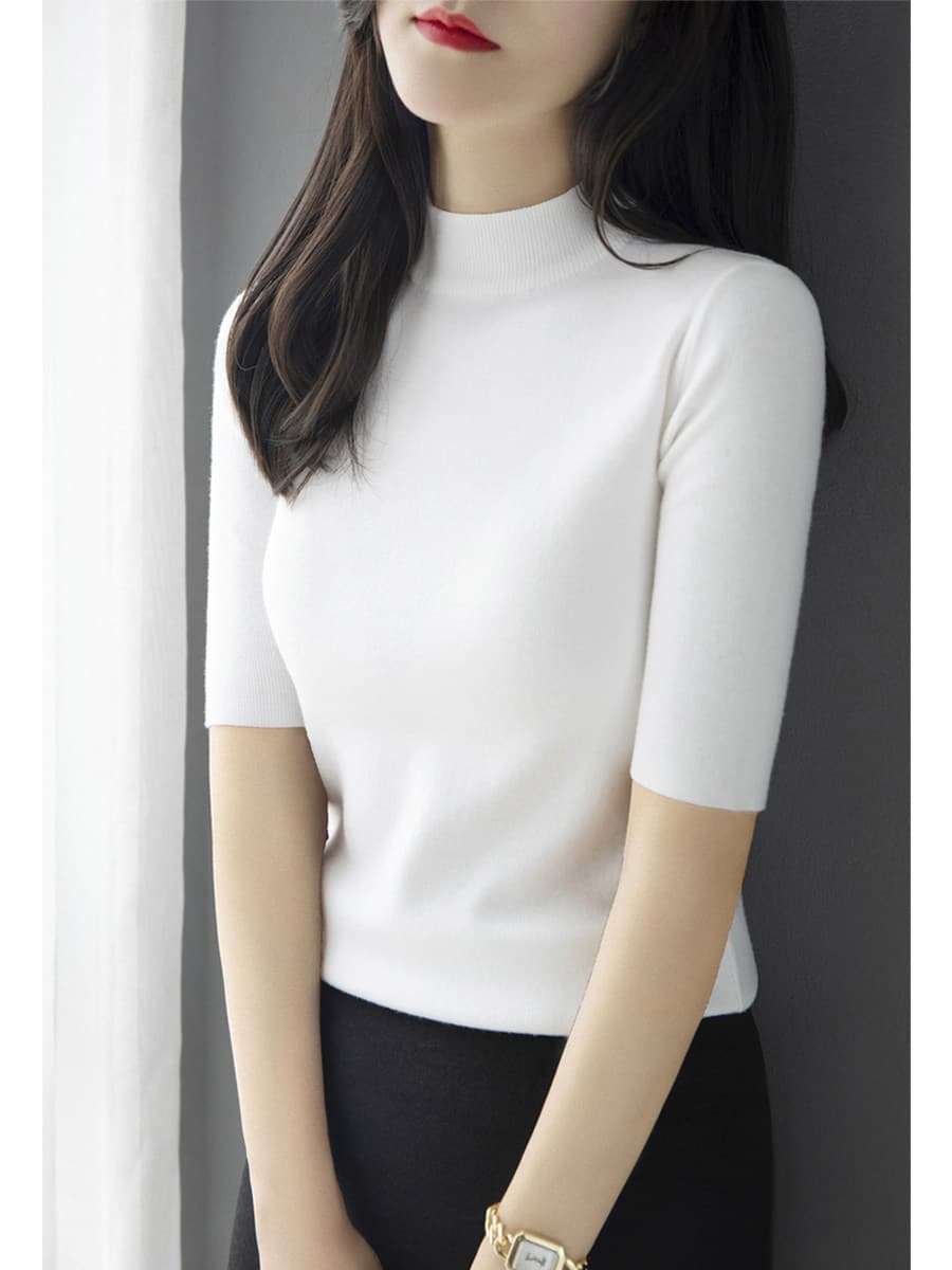 양모 몸매 가꾸기 중간 소매 기본 셔츠 여성 의류 맨위 가을 새로운 고급 센스 반하이넥 5 점 소매 뜨개질 스웨터