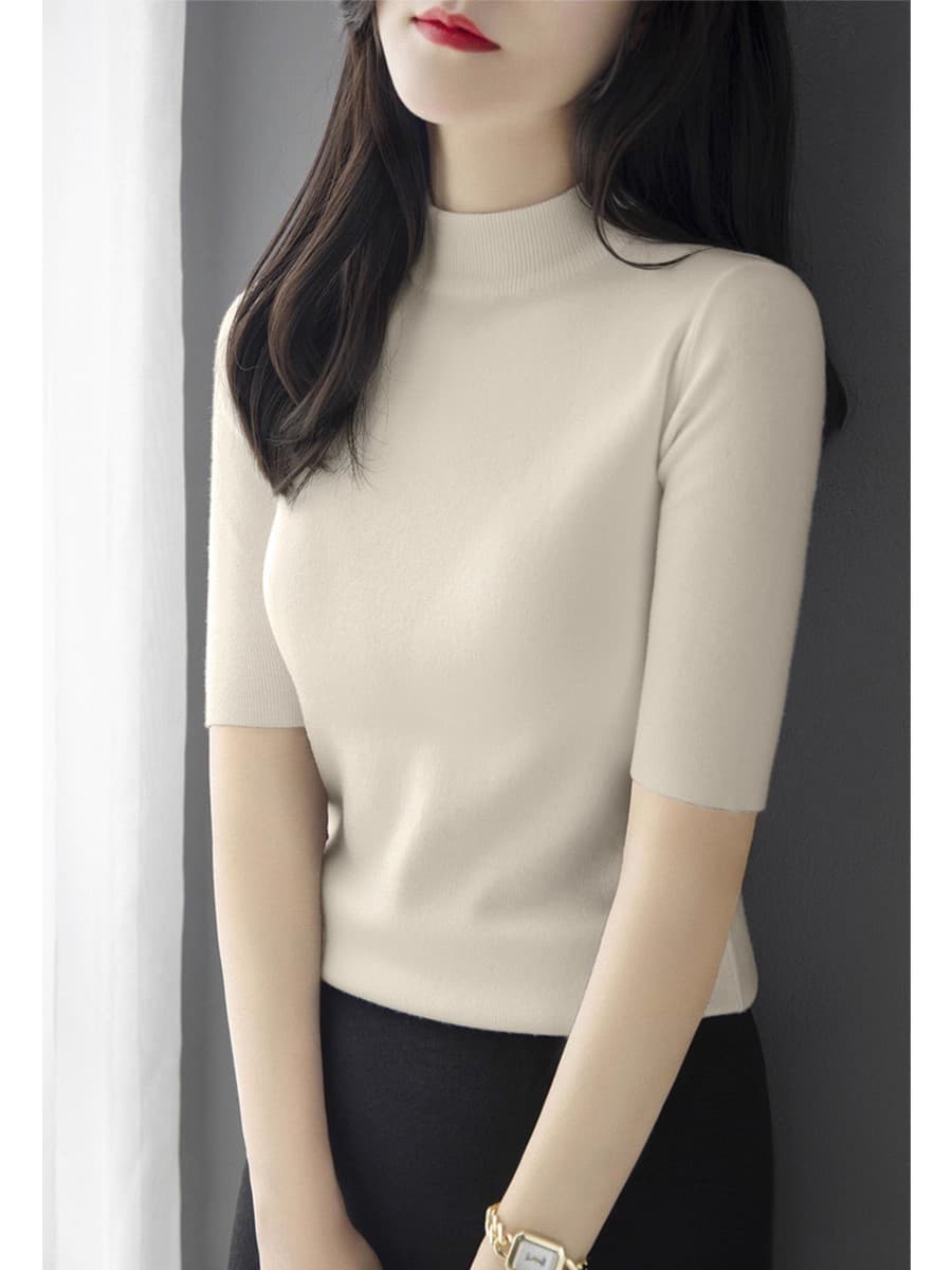 양모 몸매 가꾸기 중간 소매 기본 셔츠 여성 의류 맨위 가을 새로운 고급 센스 반하이넥 5 점 소매 뜨개질 스웨터 상세 이미지 3