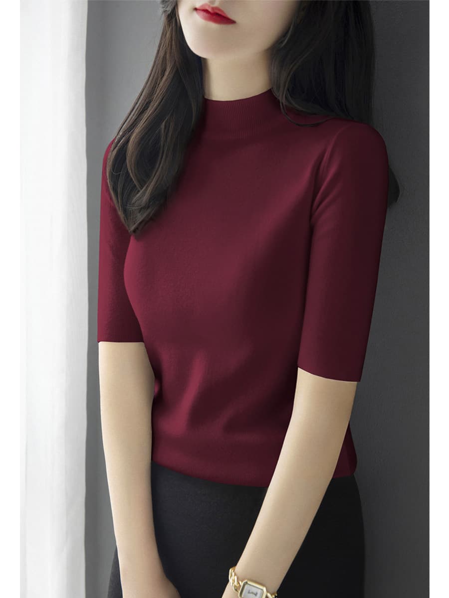 양모 몸매 가꾸기 중간 소매 기본 셔츠 여성 의류 맨위 가을 새로운 고급 센스 반하이넥 5 점 소매 뜨개질 스웨터 상세 이미지 19