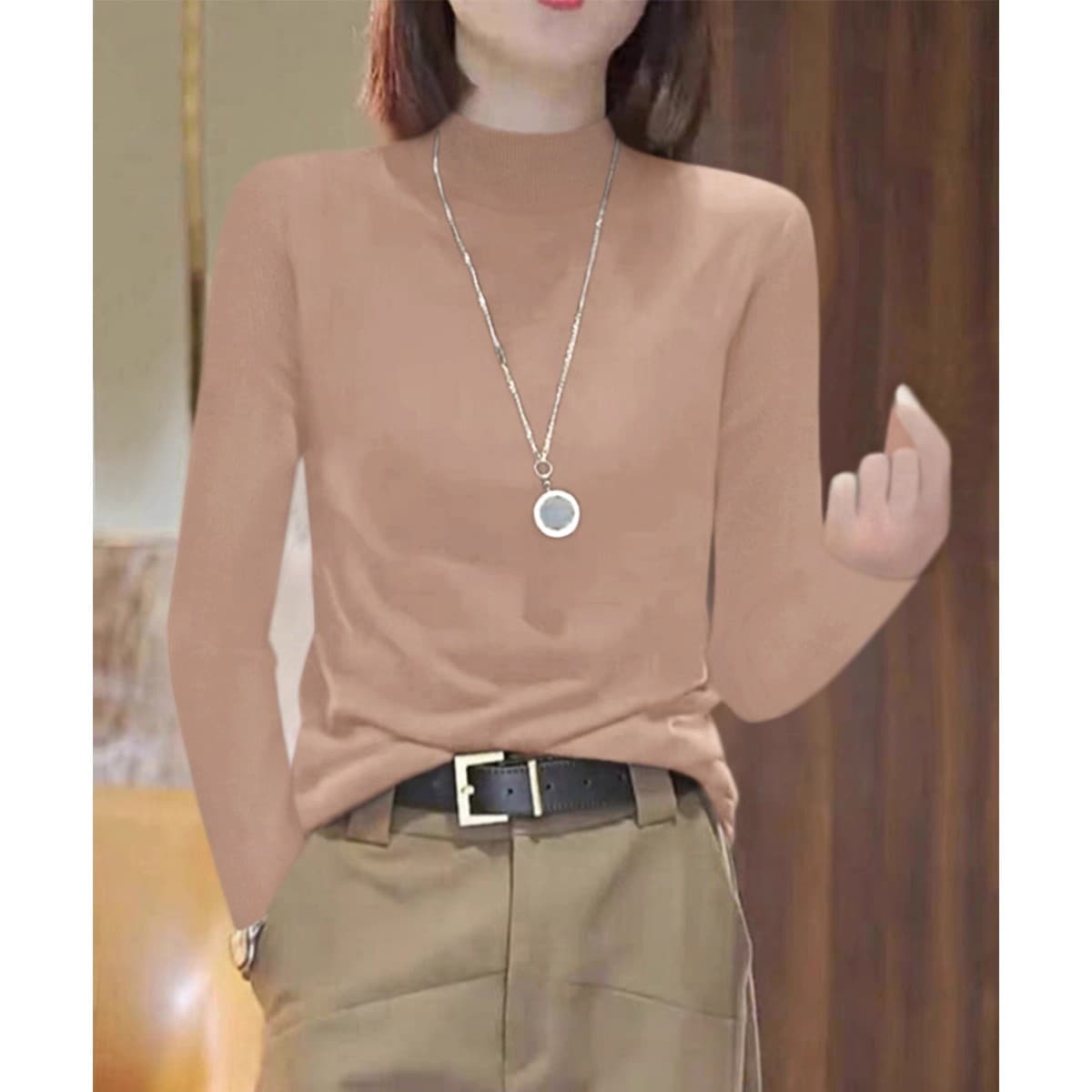 패션 미니멀리즘 몸매 가꾸기 중간 소매 인사이드 가져 가라. 기본 셔츠 맨위 가을 고급 양모 반하이넥 5 점 소매 스웨터 여자 상세 이미지 16
