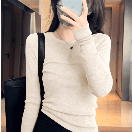 프랑스식 몸매 가꾸기 가을 겨울 새로운 양모 라운드 넥 기본 셔츠 여성 몸매 가꾸기 인사이드 가져 가라. 긍정적 인 어깨 풀오버 니트 낮은 네크라인 스웨터 상세 이미지 3
