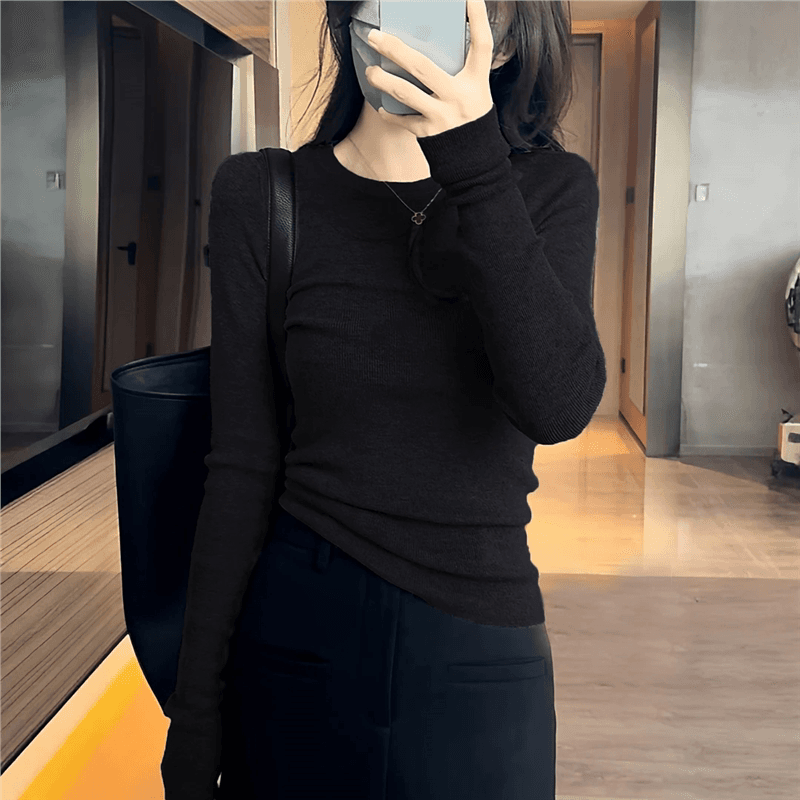 프랑스식 몸매 가꾸기 가을 겨울 새로운 양모 라운드 넥 기본 셔츠 여성 몸매 가꾸기 인사이드 가져 가라. 긍정적 인 어깨 풀오버 니트 낮은 네크라인 스웨터 상세 이미지 5