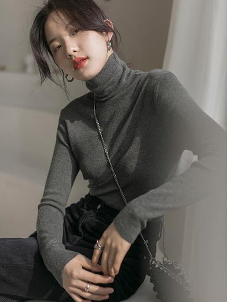 터틀넥 스웨터 여자 프로 피부 양모 니트 스웨터 몸매 가꾸기 말뚝 더미 칼라 기본 셔츠 가을 겨울 고급 센스 슬림해 보이는 맨위 이미지 3