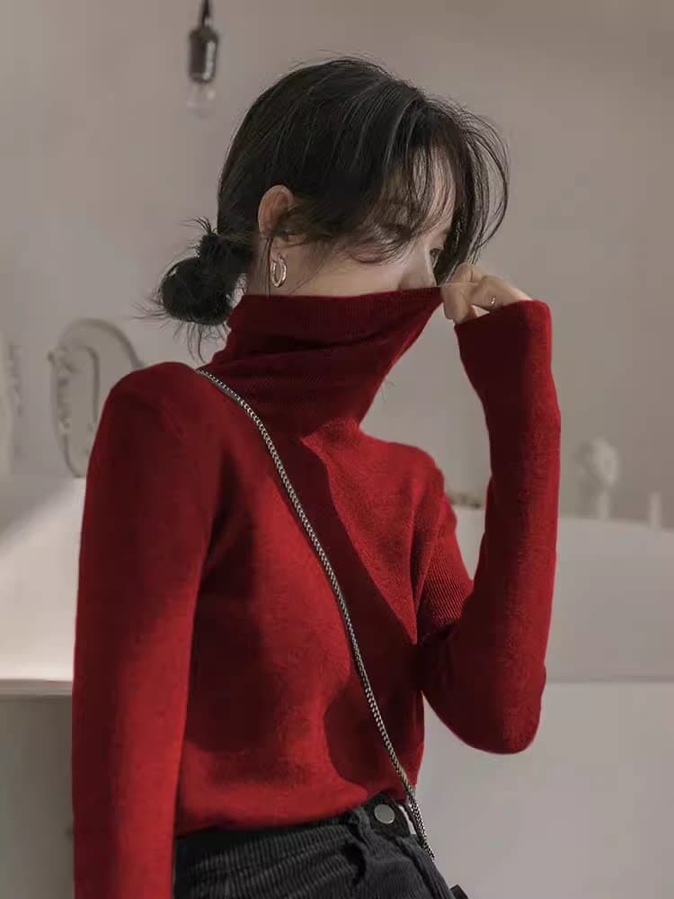 터틀넥 스웨터 여자 프로 피부 양모 니트 스웨터 몸매 가꾸기 말뚝 더미 칼라 기본 셔츠 가을 겨울 고급 센스 슬림해 보이는 맨위 이미지 4
