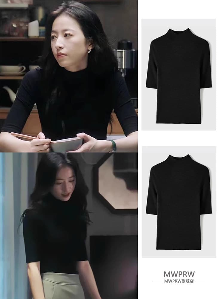 검정색 부드러운 찹쌀 양모 니트 기본 셔츠 여성 봄 가을 5 점 소매 몸매 가꾸기 고급 센스 중간 소매 반하이넥 맨위