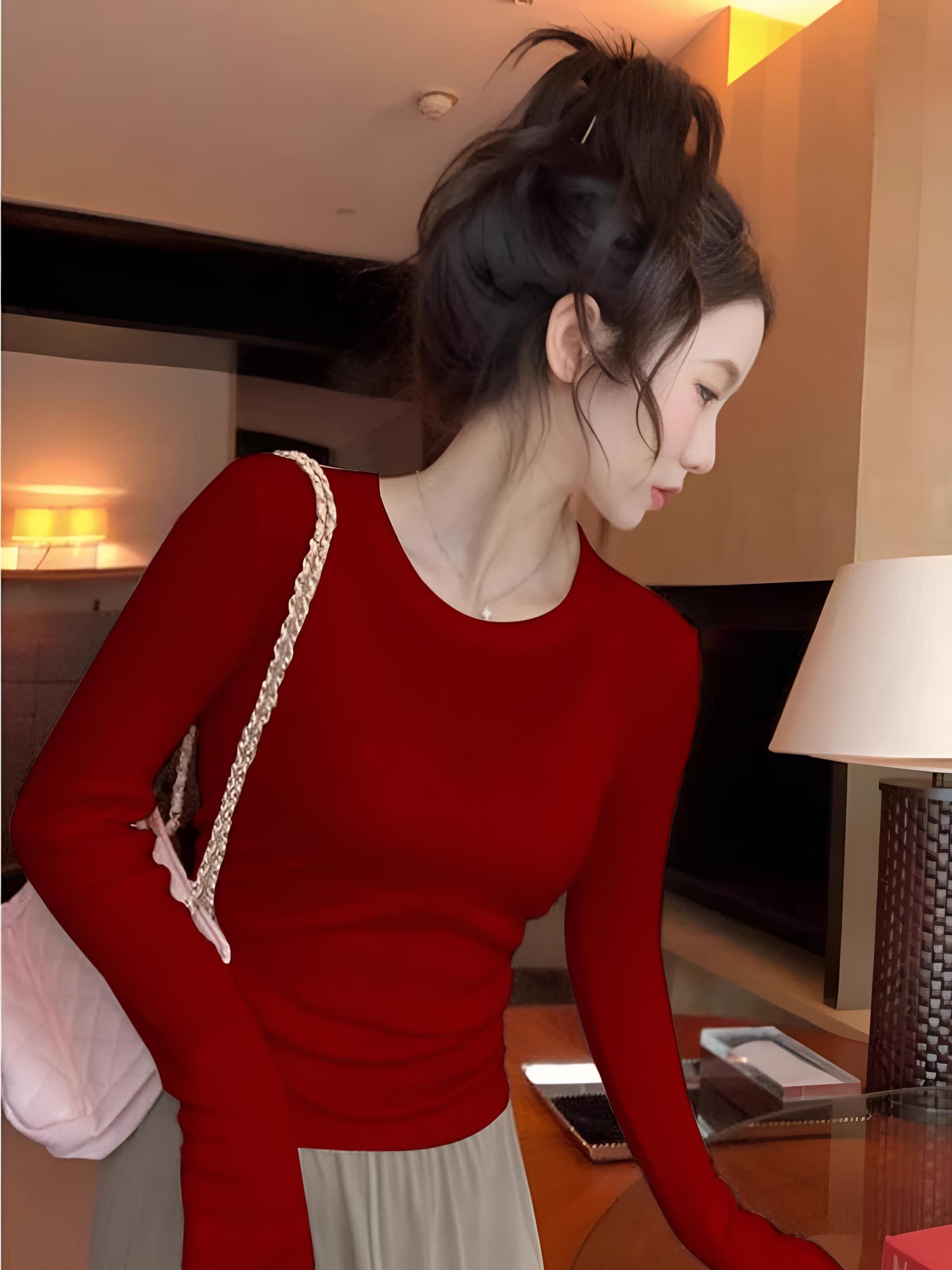 빨간색 크리스마스 신년 니트 스웨터 여성 가을 겨울 새로운 타이트 인사이드 가져 가라. 양모 얇은 스타일 스웨터 긴팔 만나는 맨위 상세 이미지 4