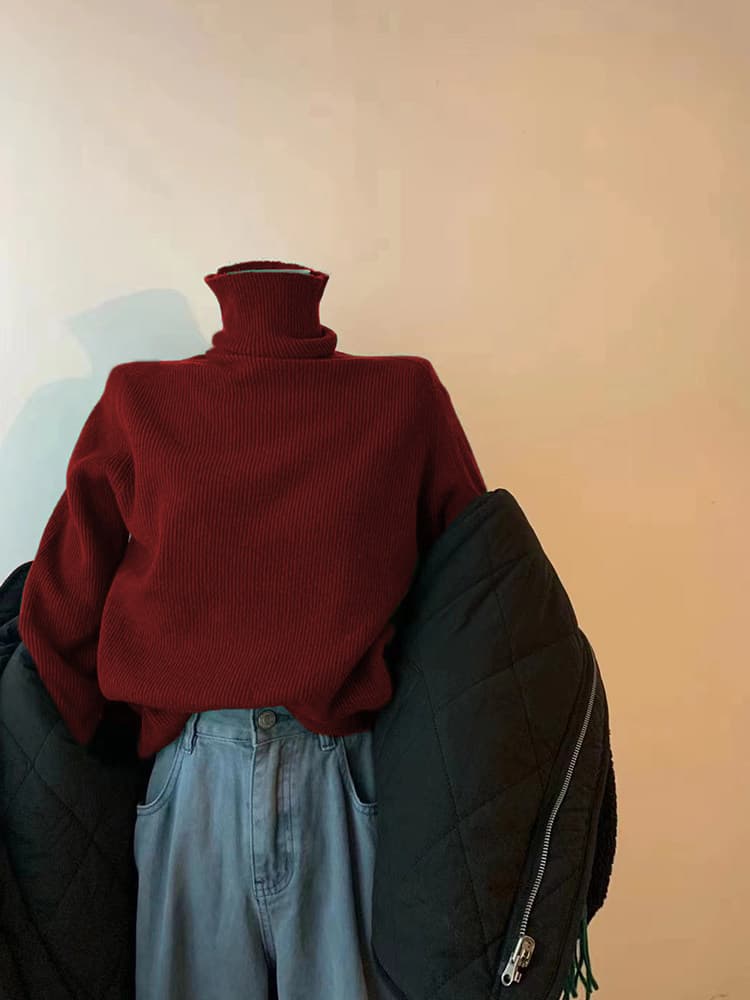 앤 코라 빨간색 터틀넥 인사이드 가져 가라. 기본 셔츠 여성 가을 겨울 품격 두꺼운 말뚝 더미 칼라 니트 스웨터 슬림해 보이는 맨위 상세 이미지 1