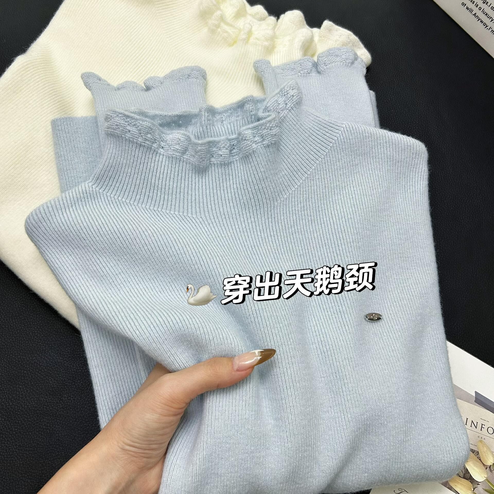 문예 바람 슈퍼 디스플레이 화이트 바다 소금 블루 프로 피부 인사이드 가져 가라. 스웨터 여자 가을 겨울 보온 기본 셔츠 반하이넥 니트 맨위 이미지 5