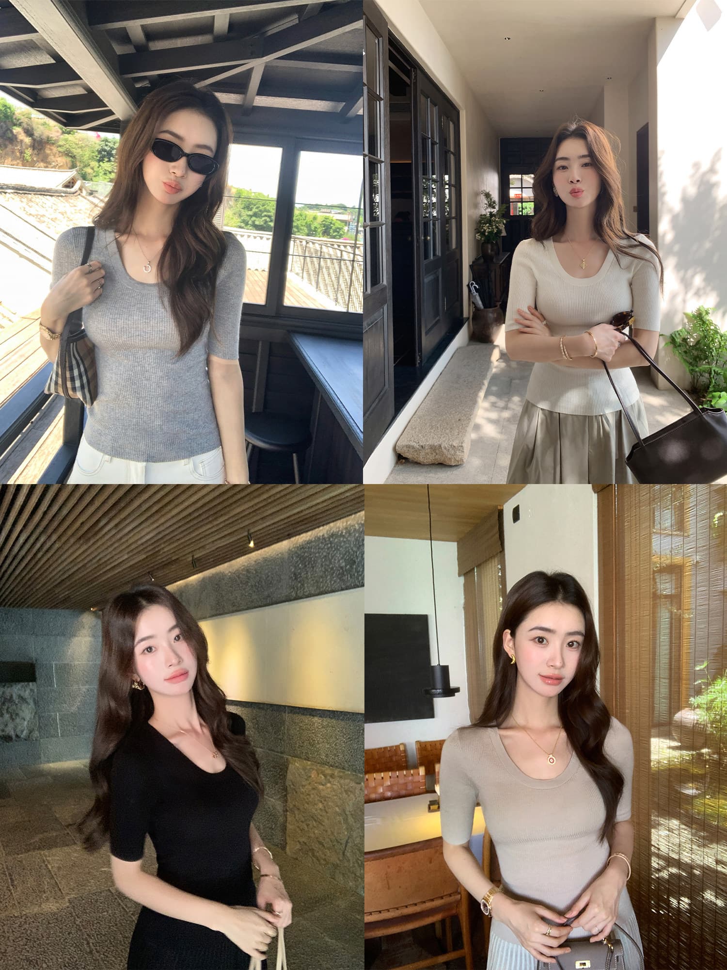 pusumede 지능 뮤즈 u 칼라 5 점 소매 짠 셔츠 여성 몸매 가꾸기 품격 긍정적 인 어깨 중간 소매 티셔츠 맨위 상세 이미지 7