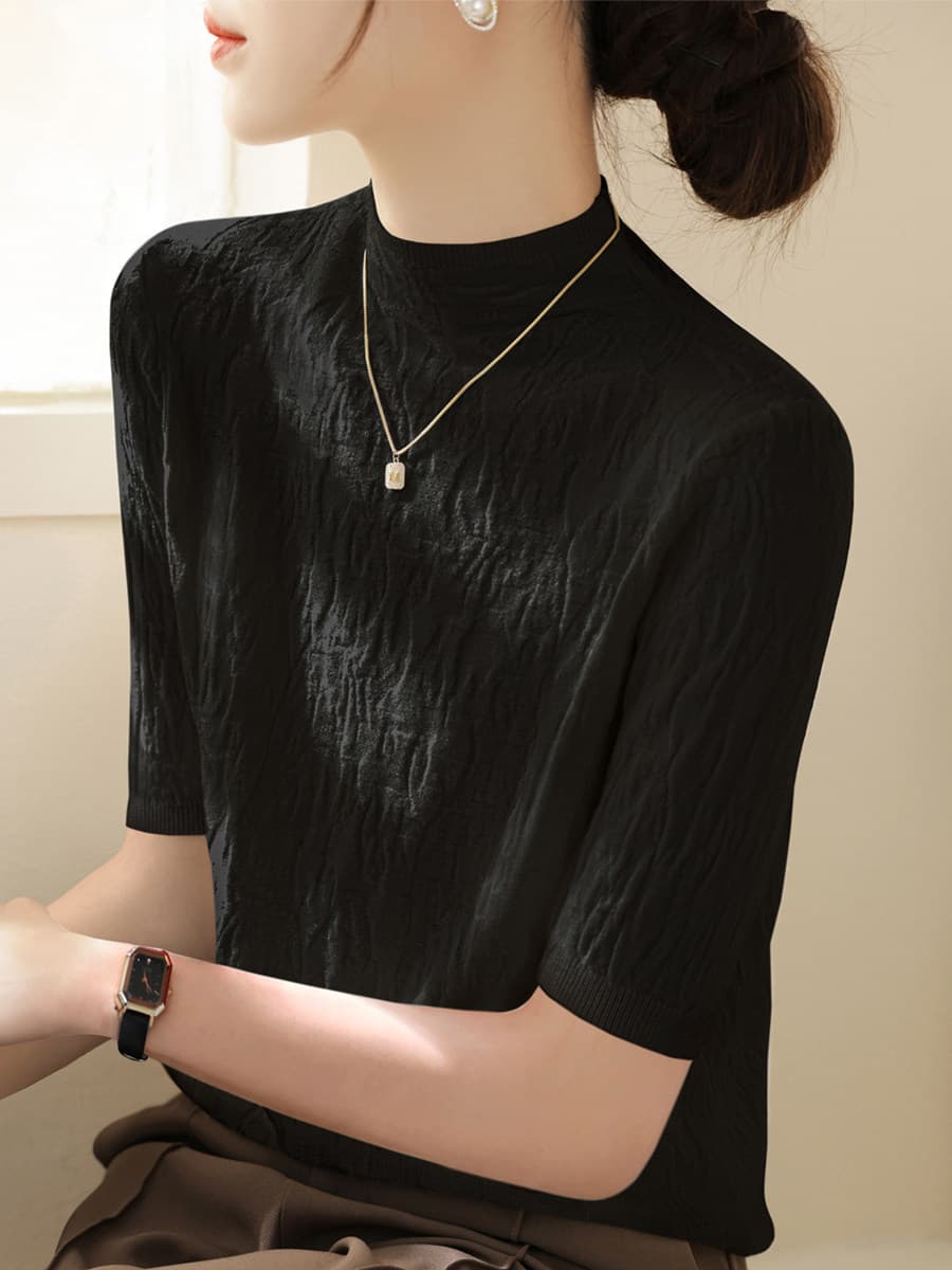 2026 년 고급 센스 질감 센스 몸매 가꾸기 만나는 여성 의류 가을 새로운 하프 높음 라운드 넥 풀오버 중간 소매 니트 스웨터 이미지 3