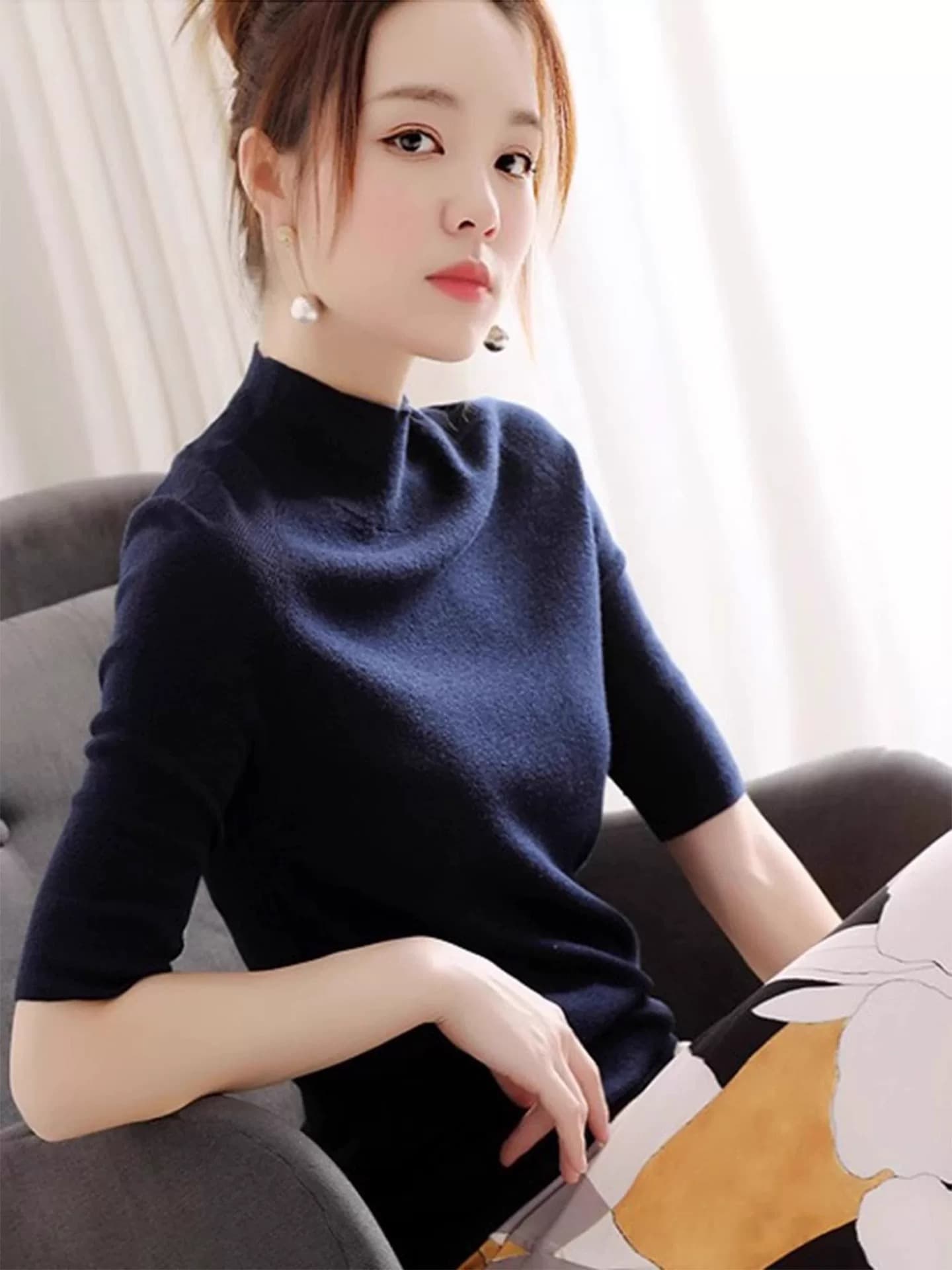 해군 반하이넥 중간 소매 니트 스웨터 여성 봄 가을 몸매 가꾸기 고급 센스 인사이드 가져 가라. 5 점 소매 기본 셔츠 맨위 상세 이미지 1