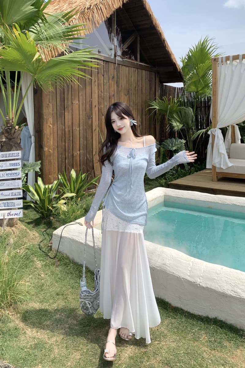 실제 촬영 큰 사이즈 여성 의류 지방 mm 부드러운 달콤한 정장 긴 소매 블루 티셔츠 레이스 슬링 드레스 2 피스 세트 이미지 2