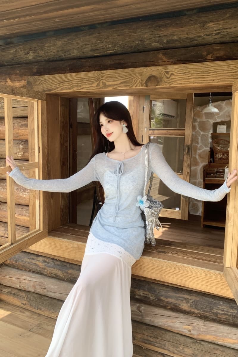실제 촬영 큰 사이즈 여성 의류 지방 mm 부드러운 달콤한 정장 긴 소매 블루 티셔츠 레이스 슬링 드레스 2 피스 세트 상세 이미지 1