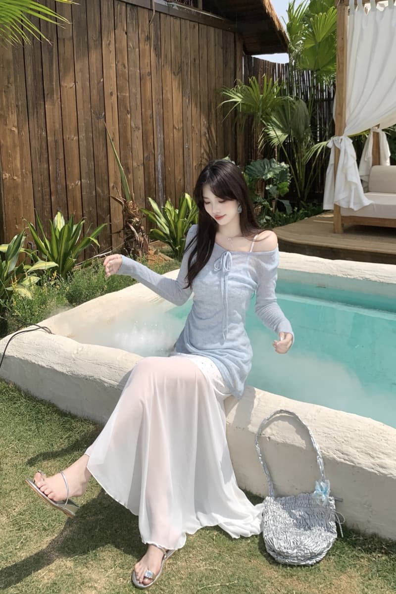 실제 촬영 큰 사이즈 여성 의류 지방 mm 부드러운 달콤한 정장 긴 소매 블루 티셔츠 레이스 슬링 드레스 2 피스 세트 상세 이미지 6