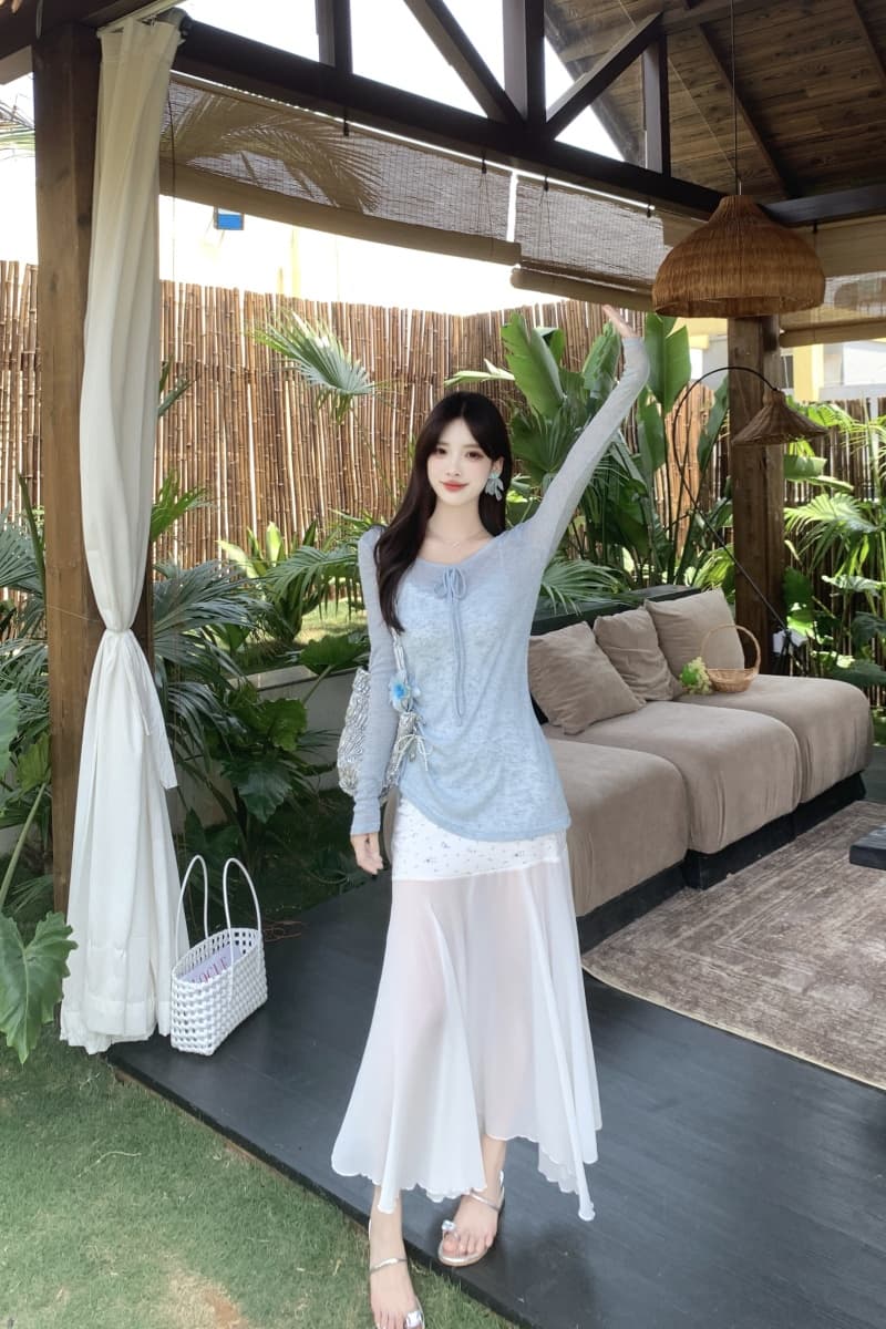 실제 촬영 큰 사이즈 여성 의류 지방 mm 부드러운 달콤한 정장 긴 소매 블루 티셔츠 레이스 슬링 드레스 2 피스 세트 상세 이미지 7