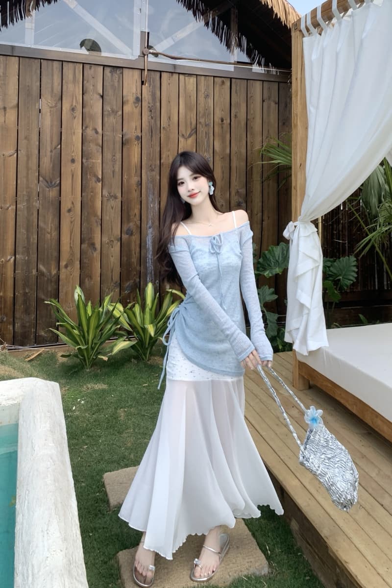실제 촬영 큰 사이즈 여성 의류 지방 mm 부드러운 달콤한 정장 긴 소매 블루 티셔츠 레이스 슬링 드레스 2 피스 세트 상세 이미지 9