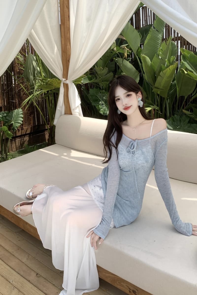 실제 촬영 큰 사이즈 여성 의류 지방 mm 부드러운 달콤한 정장 긴 소매 블루 티셔츠 레이스 슬링 드레스 2 피스 세트 상세 이미지 11