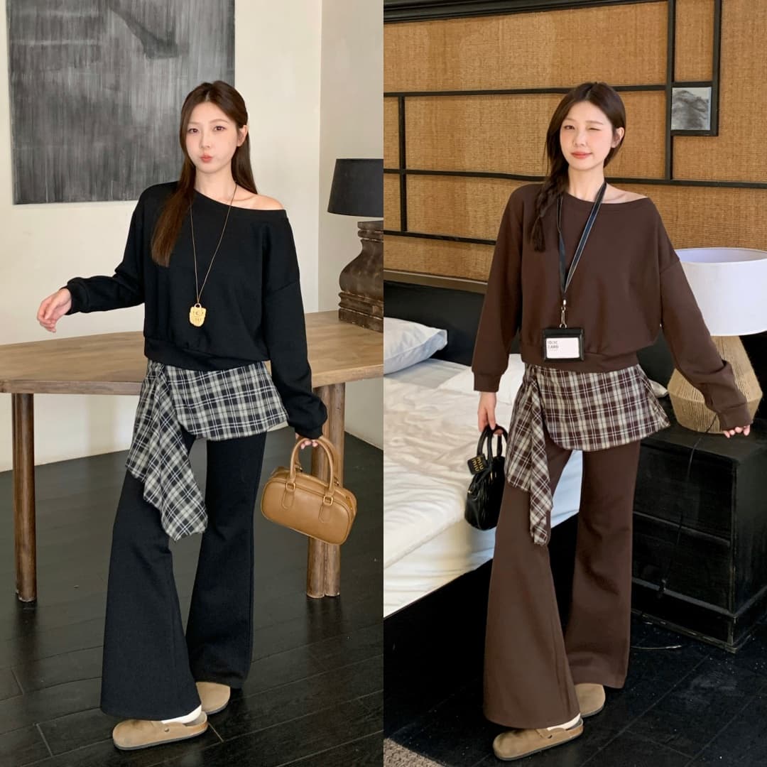 실사 빅 사이즈 여성 의류 지방 mm 한 부서 고급 센스 착용 가져 가라. 비스듬한 어깨 후드티 레트로 체크무늬 부츠컷 바지 세트