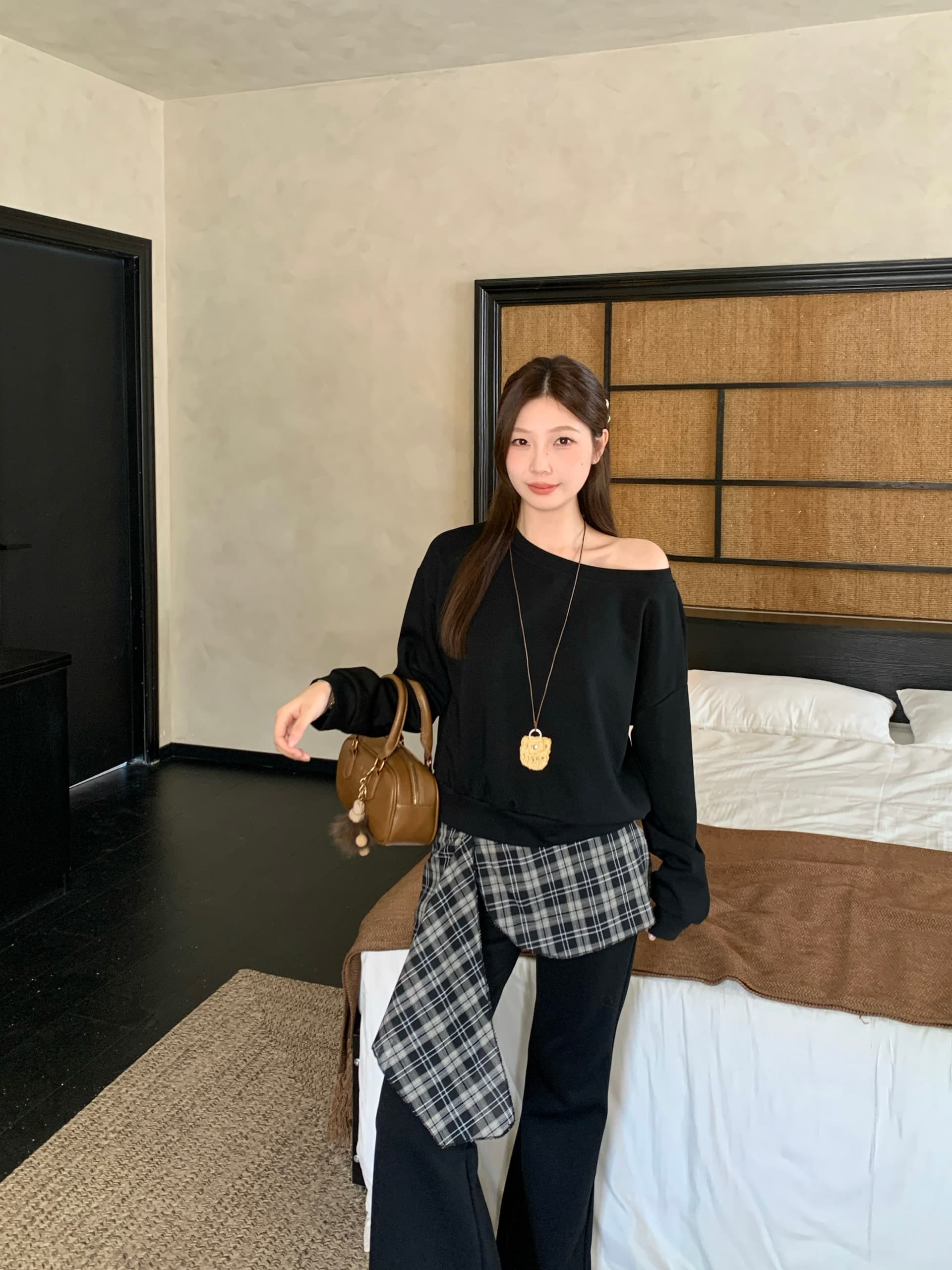 실사 빅 사이즈 여성 의류 지방 mm 한 부서 고급 센스 착용 가져 가라. 비스듬한 어깨 후드티 레트로 체크무늬 부츠컷 바지 세트 상세 이미지 14