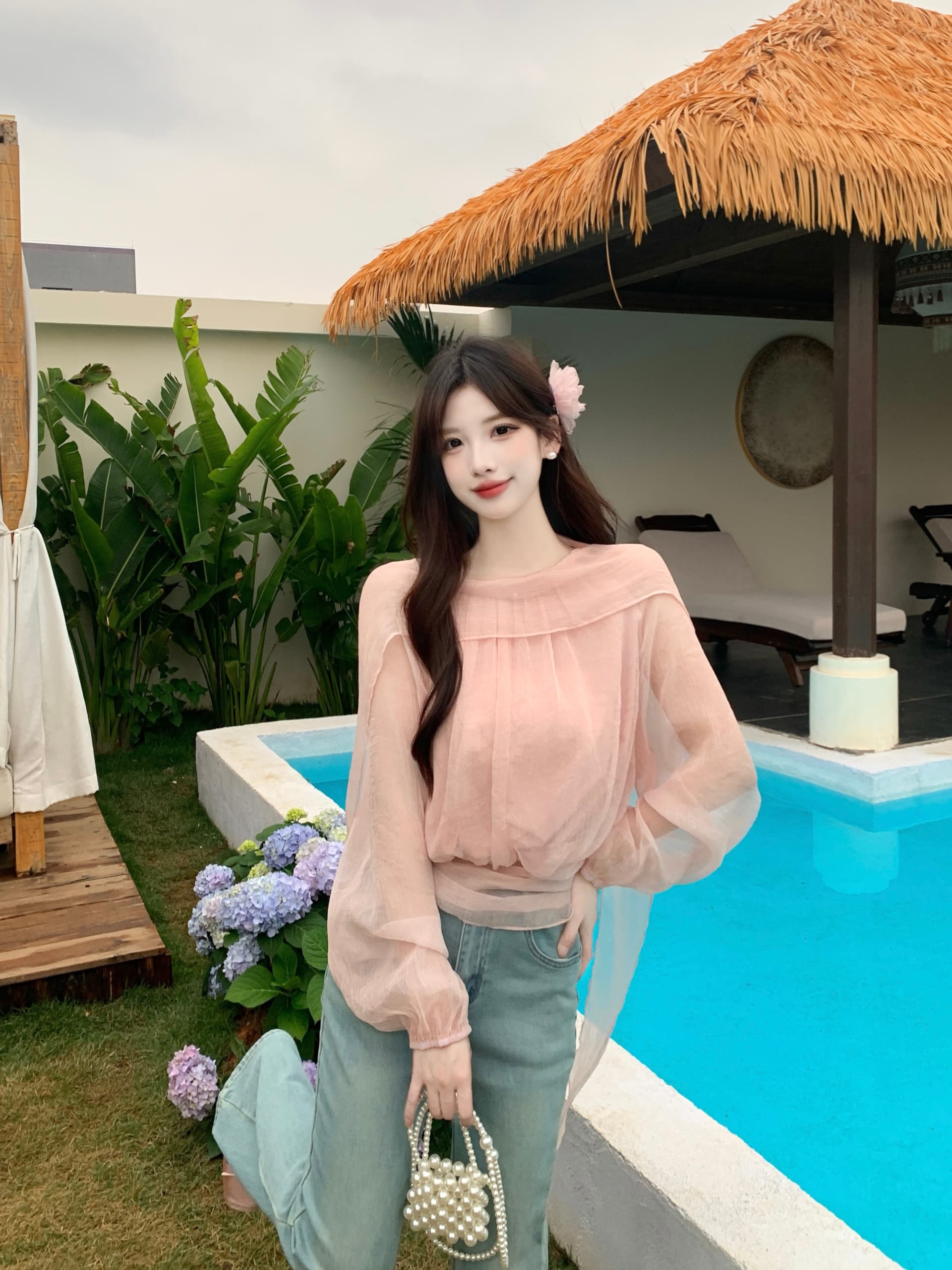 실사 빅 사이즈 여성 의류 지방 mm 프랑스식 느긋한 바람 패치워크 리본 펌프 Pleat 품격 허리 수축 슬림해 보이는 구슬 빛 실 셔츠 이미지 2
