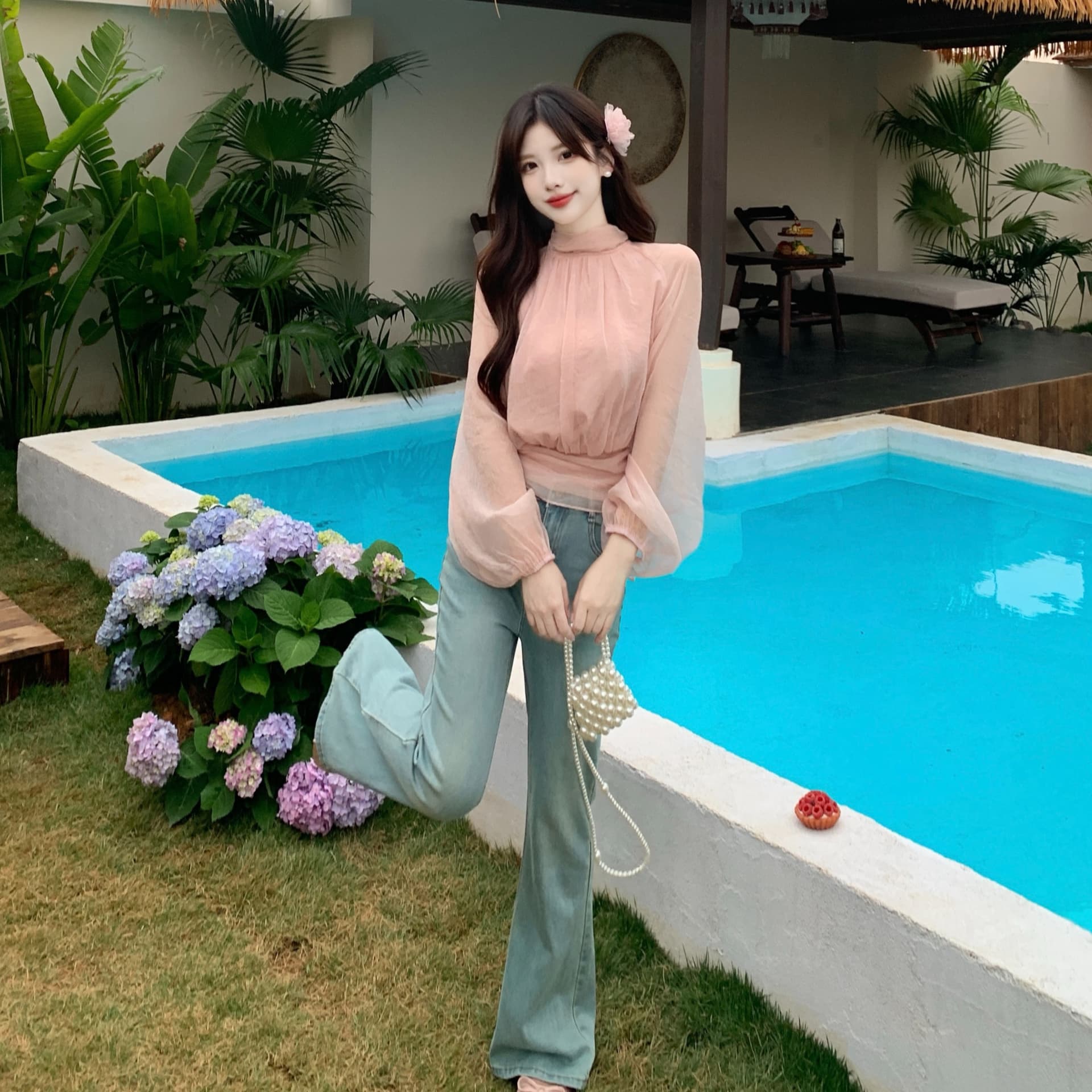 실사 빅 사이즈 여성 의류 지방 mm 프랑스식 느긋한 바람 패치워크 리본 펌프 Pleat 품격 허리 수축 슬림해 보이는 구슬 빛 실 셔츠 이미지 5