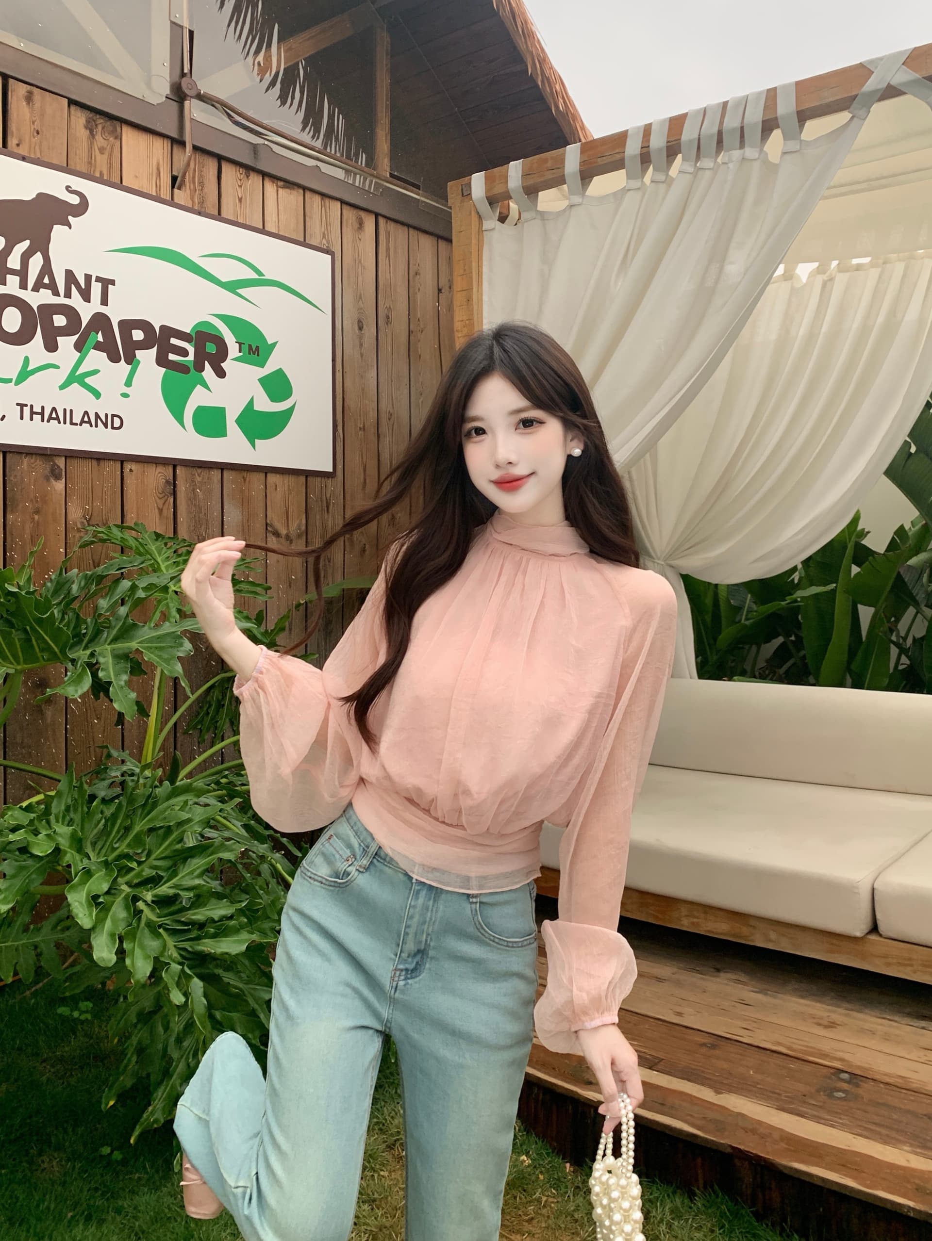 실사 빅 사이즈 여성 의류 지방 mm 프랑스식 느긋한 바람 패치워크 리본 펌프 Pleat 품격 허리 수축 슬림해 보이는 구슬 빛 실 셔츠 상세 이미지 5