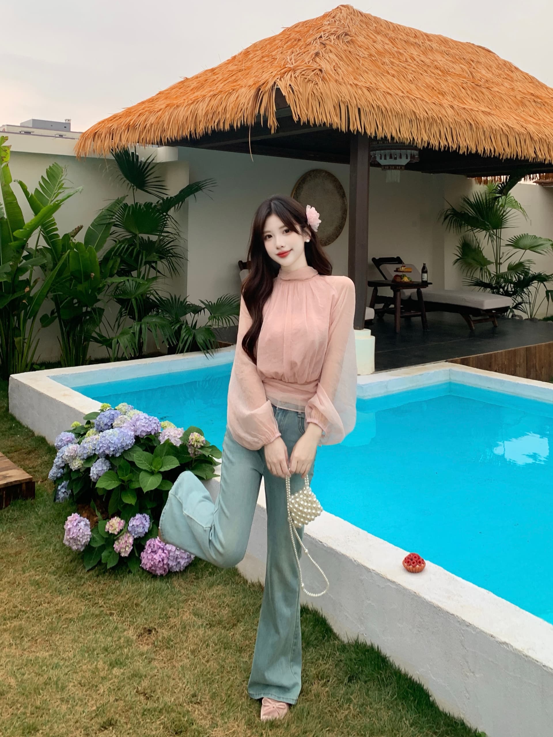 실사 빅 사이즈 여성 의류 지방 mm 프랑스식 느긋한 바람 패치워크 리본 펌프 Pleat 품격 허리 수축 슬림해 보이는 구슬 빛 실 셔츠 상세 이미지 6