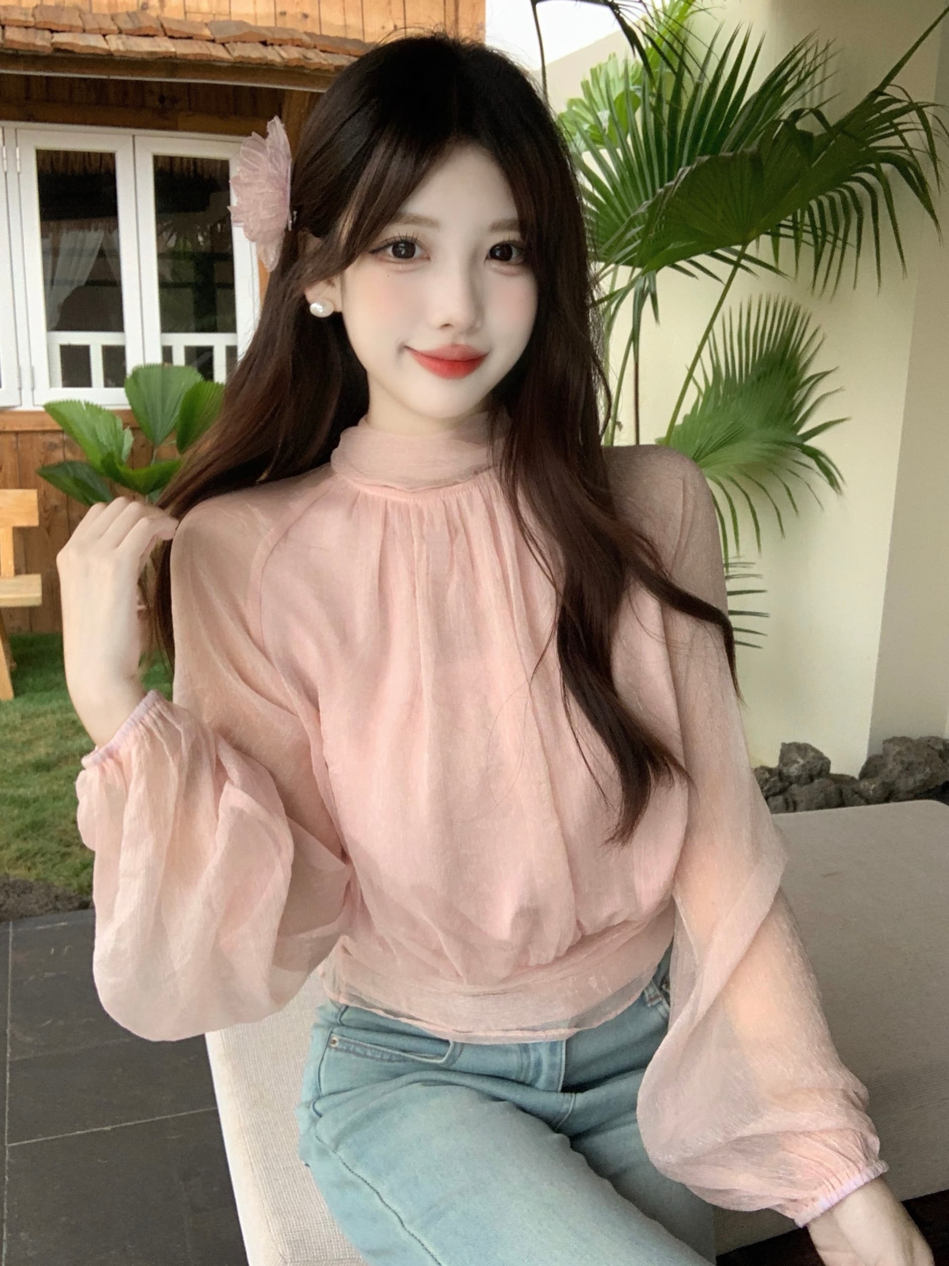 실사 빅 사이즈 여성 의류 지방 mm 프랑스식 느긋한 바람 패치워크 리본 펌프 Pleat 품격 허리 수축 슬림해 보이는 구슬 빛 실 셔츠 상세 이미지 7