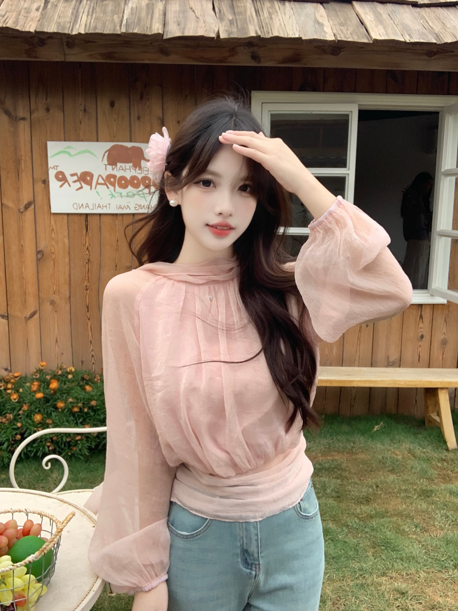 실사 빅 사이즈 여성 의류 지방 mm 프랑스식 느긋한 바람 패치워크 리본 펌프 Pleat 품격 허리 수축 슬림해 보이는 구슬 빛 실 셔츠 상세 이미지 10