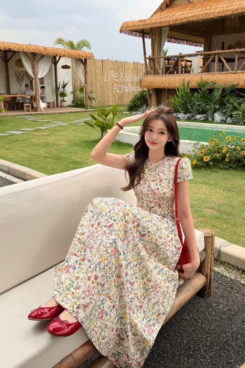 실사 빅 사이즈 여성 의류 지방 mm 프랑스식 레트로 라운드 넥 품격 허리 수축 슬림해 보이는 유화 센스 꽃무늬 드레스 이미지 4