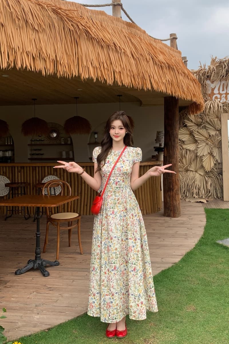 실사 빅 사이즈 여성 의류 지방 mm 프랑스식 레트로 라운드 넥 품격 허리 수축 슬림해 보이는 유화 센스 꽃무늬 드레스 상세 이미지 3